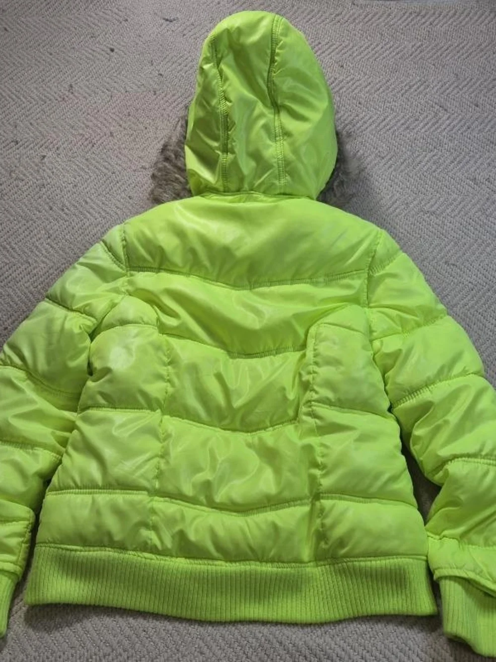 Justice Neon Green Puffer Jacket with Faux Fur Hood